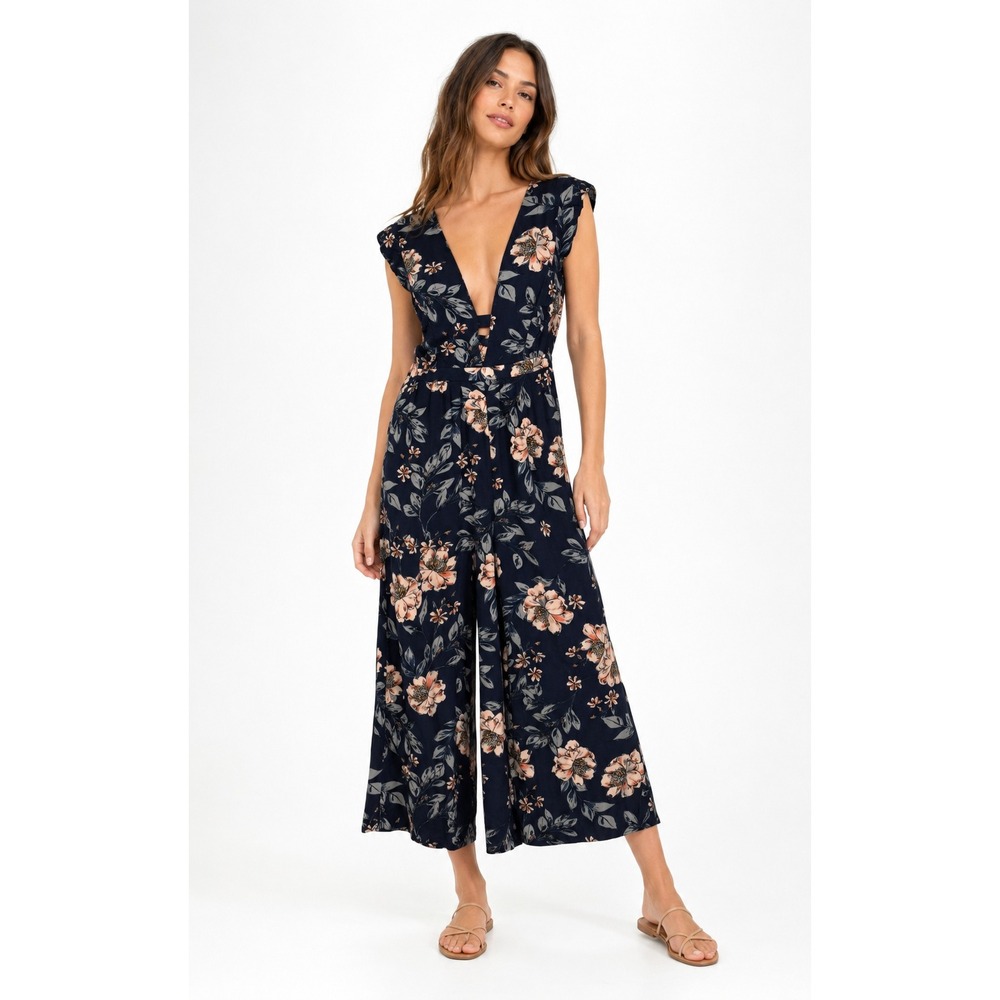Saltwater Luxe Navy Floral Wide Leg Jumpsuit V-Neck Tie Back Small Boho S1201